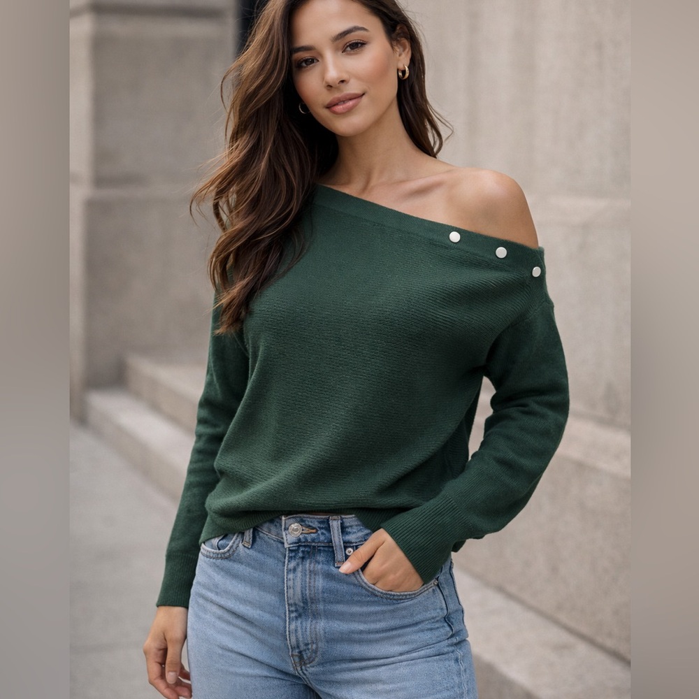 Simply Vera Wang Dolman Snap Off Shoulder Knit Sweater Hunter Green XS NWT
